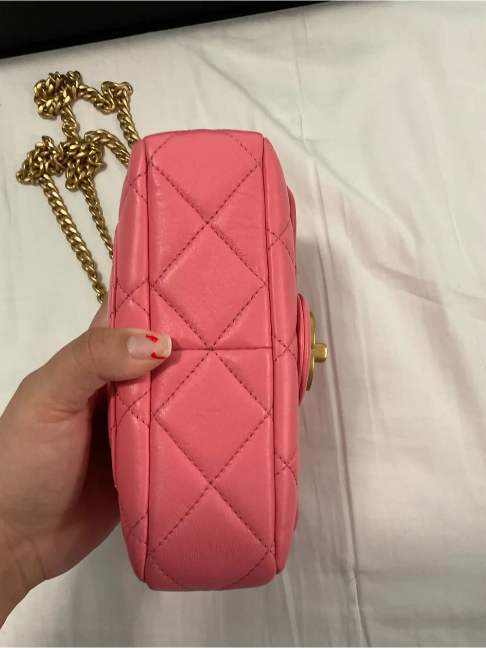 22P Pink Enamel Lambskin Quilted Pending CC Small Square Flap Aged Gold Hardware